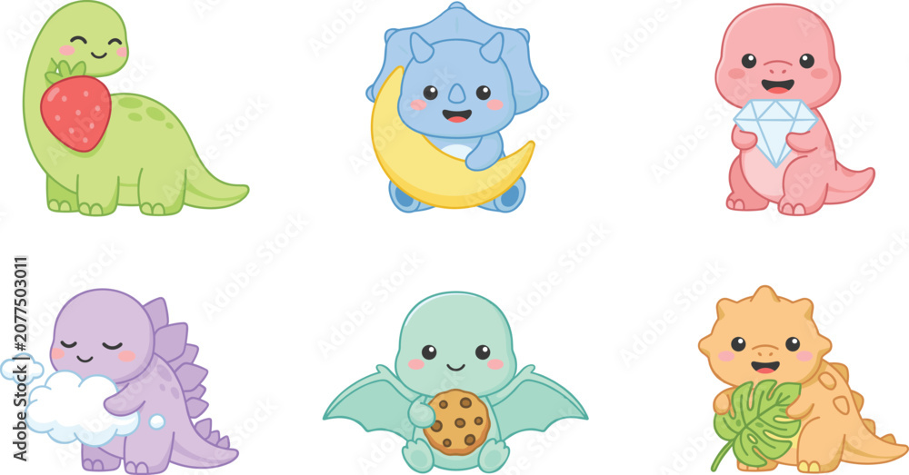 Naklejka premium Cute Baby Dinosaur Character Set featuring Cartoon Brontosaurus, Triceratops, Stegosaurus, and Pterodactyl Icons holding Objects for Kids Graphic Designs