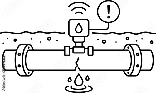 Smart Water Leak Detection Sensor Monitoring Broken Underground Pipeline Outline Vector Illustration System