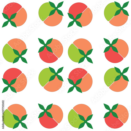 Seamless geometric citrus fruit pattern with colorful oranges, lemons, and green leaves. Modern flat vector background perfect for textile, fabric, wallpaper, wrapping paper, packaging, and surface.