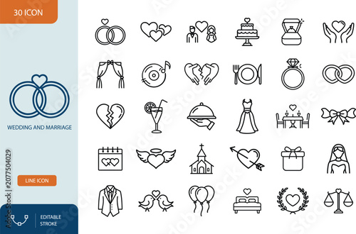 Wedding and Marriage Line Icons Set, Romantic Ceremony and Engagement Outline Symbols. Editable stroke. Vector illustration
