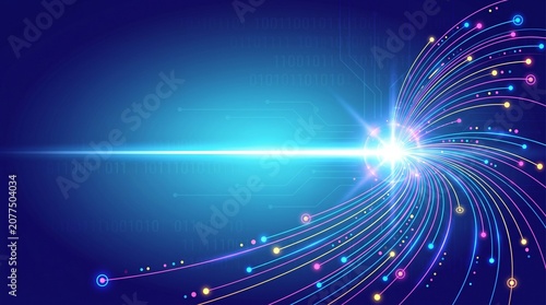 Glowing neon light trails, colorful sparks, futuristic abstract background, technology concept