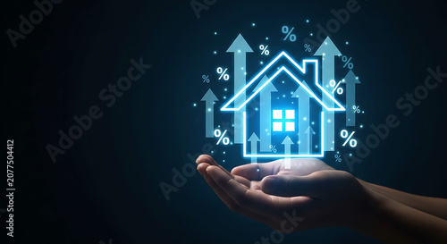 Digital house icon with rising percentage signs held in hand for mortgage growth