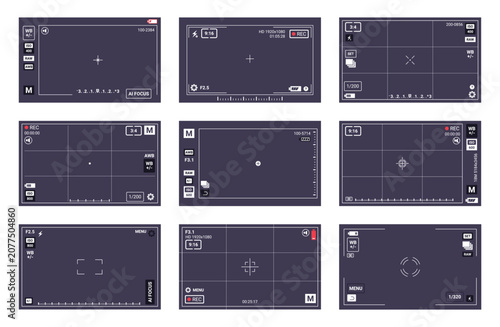 Camera viewfinders set. Focusing screen recording. Black screen cameras with video shooting parameters, photo quiality indicators. Digital zoom recording for modern vector bloggers