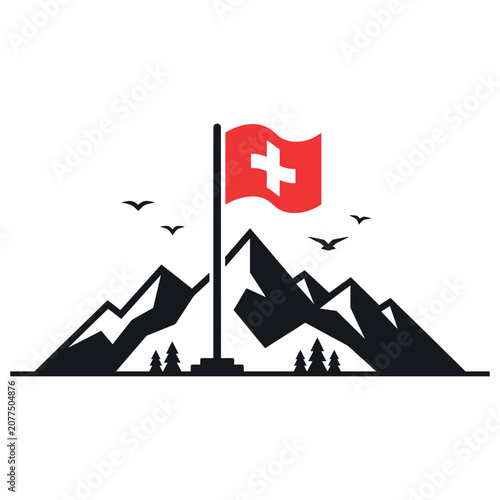 Swiss flag on pole atop mountain peak with pine trees and birds in clear sky concept