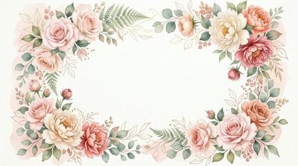 Soft watercolor floral border with roses and eucalyptus leaves