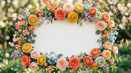 Elegant floral wreath with pastel and vibrant blooms framing a blank space for text