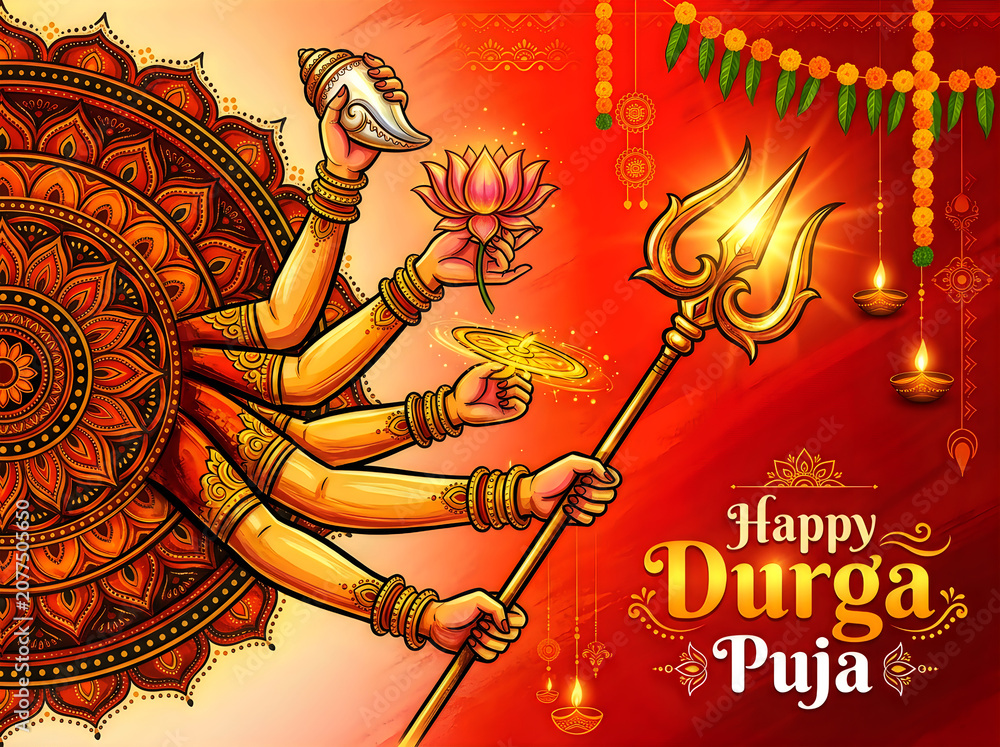 Fototapeta premium Happy durga puja greeting card with goddess durga arms and trishul