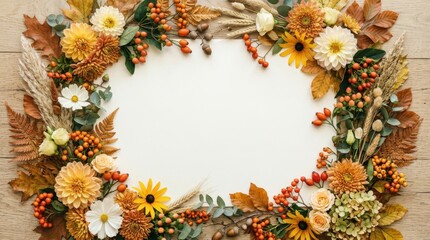 Autumn floral arrangement with berries, leaves, and acorns on wooden background