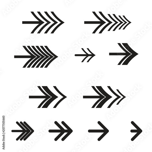 Vector set of black chevron arrow icons with multiple lines isolated on white