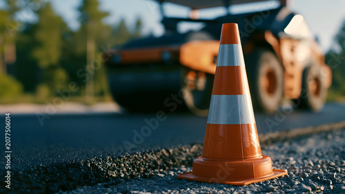Orange traffic cone on new asphalt road with steamroller working in background