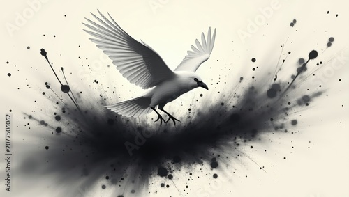 White Bird Flying with Wings Spread in Dramatic Splash of Black Water Droplets