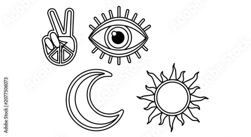 Foto Boho Symbols: Peace Sign, Evil Eye, Crescent Moon, Sun - Outline Icons
