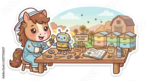 Photos Cute cartoon horse mechanic fixing a bee robot at an apiary