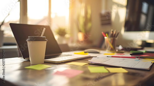 Cozy creative workspace with laptop coffee cup and sticky notes on wooden table at sunset