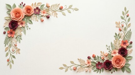 Delicate paper flowers and leaves arranged in corner borders on a light background
