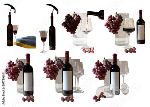 Set of wine compositions on transparent background: bottles with corkscrew, pouring wine into glass, glasses with grapes. Multiple grouped arrangements, PNG cutout.