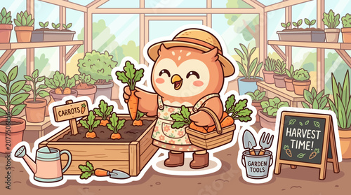 Obraz na plátně Cute Owl Gardener Harvesting Carrots in Greenhouse, Happy Harvest Time