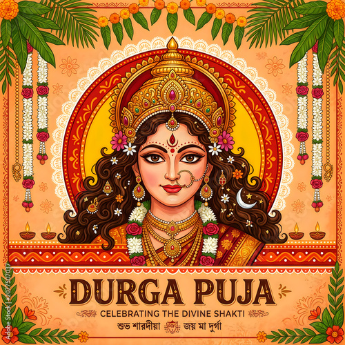 Durga puja celebration illustration with goddess durga portrait
