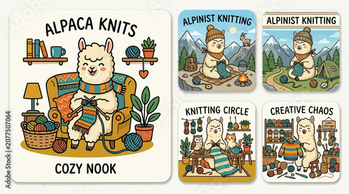 Canvastavla Cute Alpaca Knitting Cozy Scenery, Yarn, Mountains, Nature