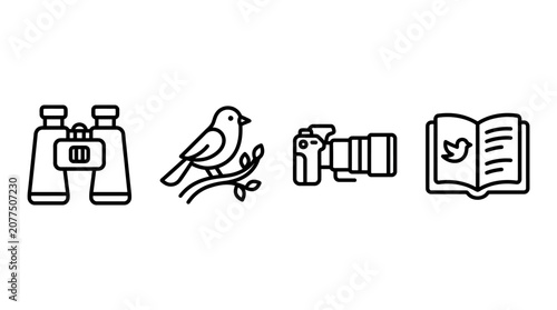Fotografie Birdwatching Icons: Binoculars, Bird, Camera, and Social Media Bird Symbol