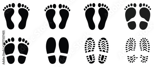 Footprint and shoe print vector icon set featuring human step silhouettes for walking, travel, movement and lifestyle design concepts, vector, designs