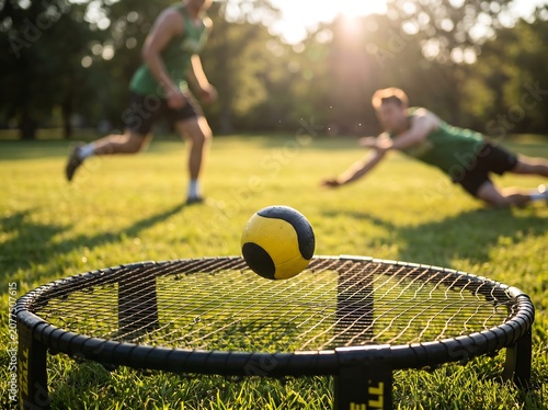 Friends playing spikeball game in green park