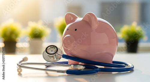 A pink piggy bank with a medical stethoscope representing healthcare costs and financial planning for medical expenses.