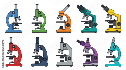Fotografie Collection of Colorful Microscopes - Science and Research Icons