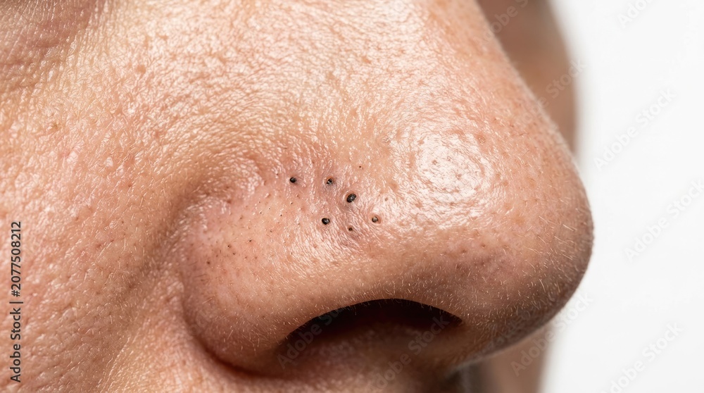 Naklejka premium Close-up macro shot of a human nose showing multiple blackheads and visible pores, highlighting common skin imperfections and dermatological issues.