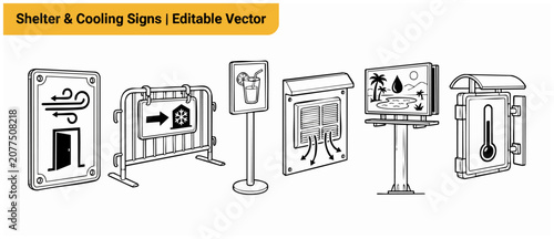 Cooling station signs icon set showing public heat wave shelter locations and hydration zones for summer safety and urban climate adaptation, featuring minimalist black and white line art vector.