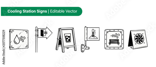 Cooling station signs vector icons set for public heatwave relief zones, featuring misters, air conditioning, cold water, shady benches, and electric fans in a clean, minimalist line art style design.