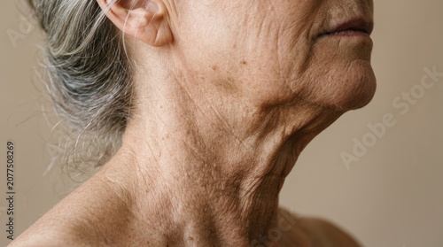 Close-up profile of an elderly person's neck and chin, highlighting natural aging, wrinkles, textured skin, and grey hair against a neutral background.