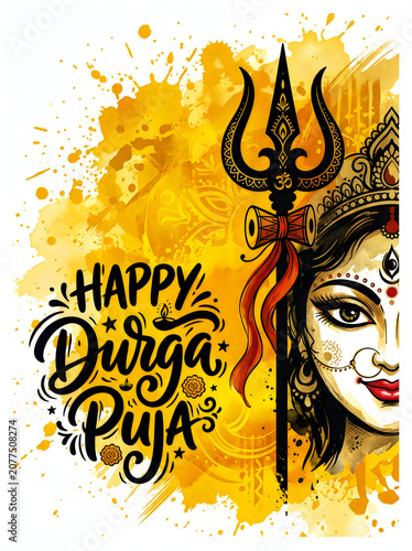 Happy durga puja greeting with goddess durga face and trishul illustration