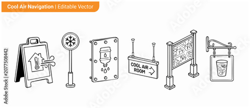 Cool air navigation sign icons for summer heatwave cooling shelters, public water station plaque, directory map billboard, and refreshing cold drinks signage in minimalist black outline vector.