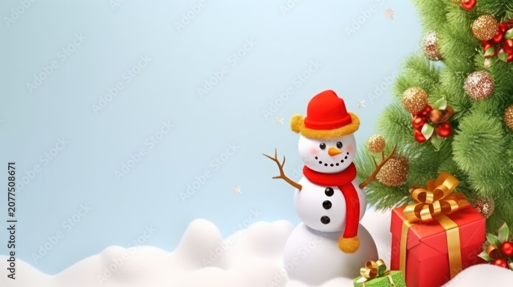 Fototapeta premium Festive scene featuring snowman and presents