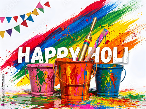 Happy holi celebration background with colorful paint buckets and pichkari