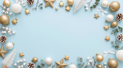 Elegant Christmas decorations with gold and white ornaments on a pastel blue background