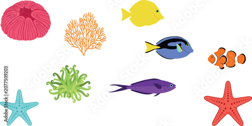 Bild auf Leinwand Colorful Tropical Sea Fish and Coral Reef Elements Set with Clownfish, Blue Tang