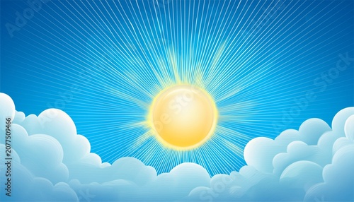 Bright Sun Shining With Soft Clouds In Blue Sky Digital Art Style On Clear Background Concept Of Sunny Weather And Peaceful Atmosphere Vector Illustration
