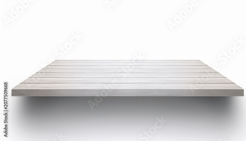 White Wooden Shelf With Shadow Use For Put Your Products Or Something Isolated On White Background