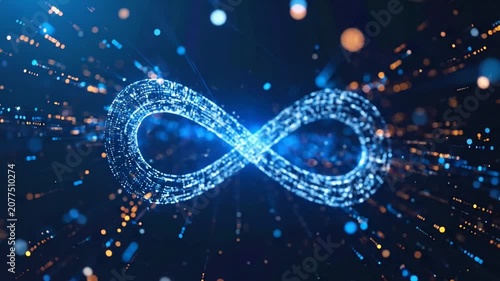 Glowing particle infinity symbol in a deep blue abstract digital space with bokeh lights