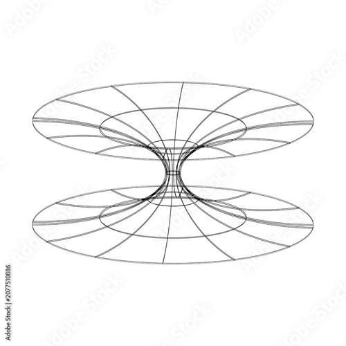 Abstract 3D wireframe hyperboloid futuristic hourglass-shaped visualization symbolizing spacetime geometry, wormhole concept,