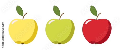 Fotografía Stylized apples illustration yellow, green, and red fruits with leaves, vibrant