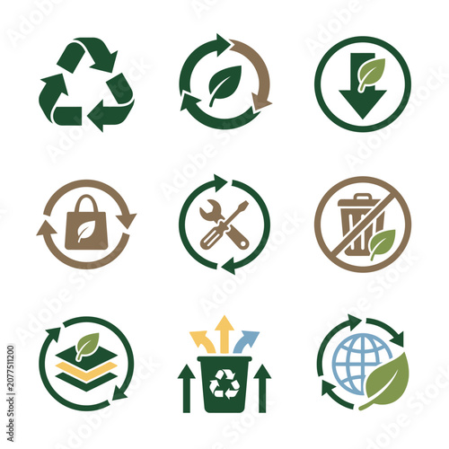 Collection of eco-friendly recycling and sustainability icons representing environmental conservation and waste management