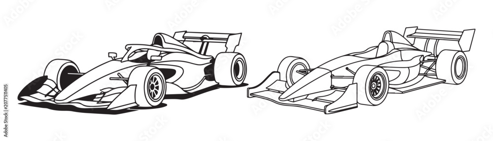 Obraz premium Two formula 1 racing cars vector outline set isolated on white background for motorsport.