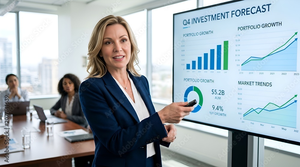 Fototapeta premium Businesswoman presenting financial data and charts on a large screen in a boardroom.