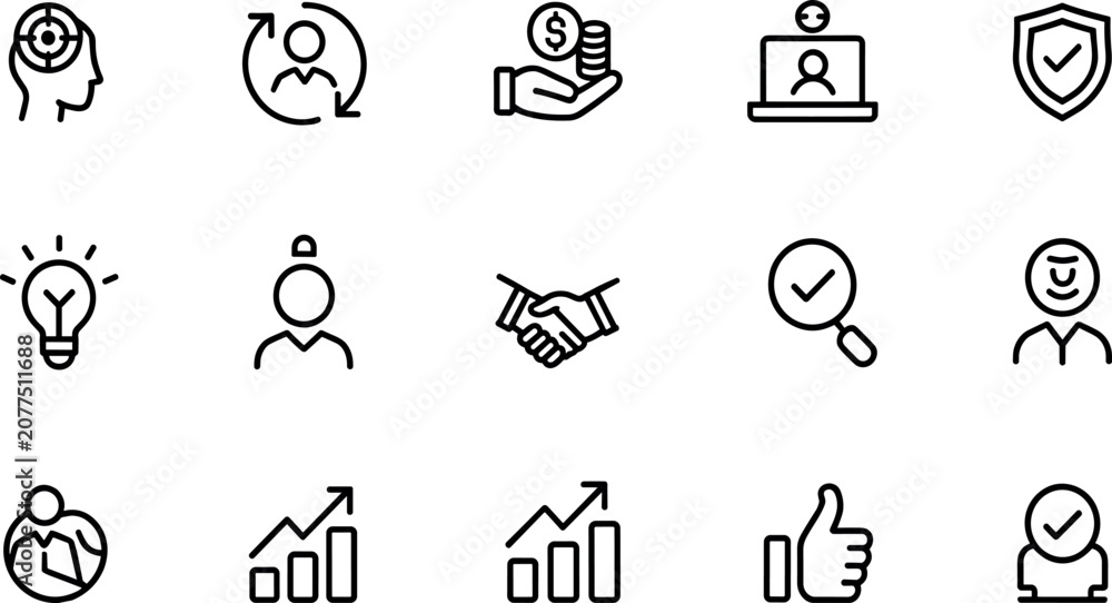 Fototapeta premium Business management and human resources line icon set featuring recruitment strategy growth teamwork career development and corporate success elements