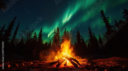 Bright campfire burning under vibrant green aurora borealis in a dark pine forest at night for a peaceful outdoor adventure