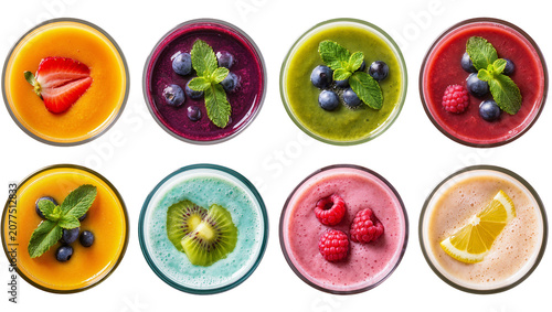 Assortment of colorful fruit smoothies in glasses with garnishes