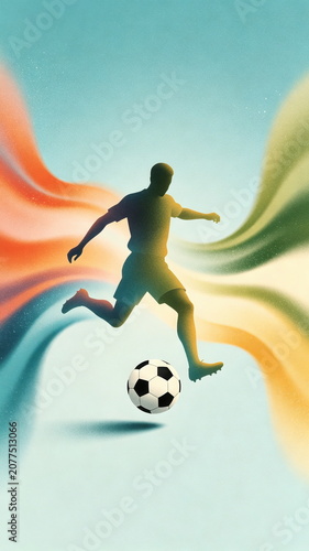 Gradient Yellow Green Soccer Player Dribbling, Colorful Wavy Streamlines on Light Blue Background – For Creative Sports Poster & Dynamic Athletic Design
